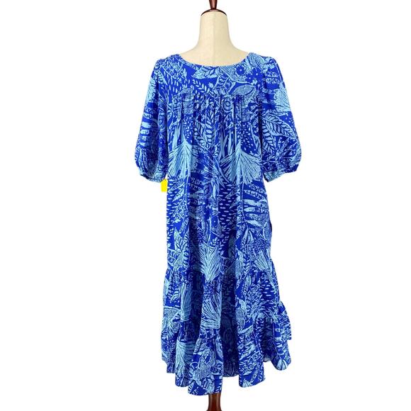 Vtg 80s 90s Two Potato Laguna Beach Midi Tiered Muumuu Dress M Cotton Blue NOS - Picture 3 of 16